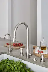 Rosolina Series kitchen faucet and accessories in Satin Nickel finish. From The Kitchen Collection by California Faucets. 