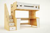 Marino Loft Bed with Stairs, and Desk and Shelves in Natural and White.