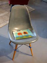 Eames Molded Fiberglass Shell Chair donated by Bob Drake, owner, Trig Modern, and “Smalls on Eames Chair” original illustration by Karen Kluttz. The chair, originally designed in 1950, and Kluttz’s illustration of her own cat, “Smalls,” on two red Eames shell chairs, were auctioned off together.
