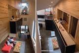 Left: Inside the main entrance, architect Doug Pierson and his daughter Sora enjoy the view outside the large window (right). Above them, Sora's brother Oscar studies at the long, cantilevered desk that defines the Working segment of the house. Beyond the pine walls there, the third level is visible. Right: The opposite view of the Working segment reveals the private "balcony" that fronts Sora's bedroom. 