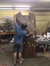 Cutting the wood and matching the grain patterns and  on our radial walnut door.
