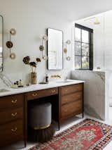 Primary bathroom; custom vanity, calacatta oro marble.