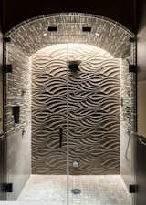 Adding depth and dimension, the Cirrus Wall Grazer illuminates gorgeous texture in this spa shower