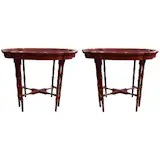 Available on viyet.com!

These classic Chinoiserie side tables have an exotic feel. The ornately carved wood is painted in bold Chinese red with traditional depictions of country life done in pale gold.

https://viyet.com/traditional-chinoiserie-side-tables-tab-20398-11627.html