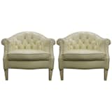 Available on viyet.com!

These vintage French chairs have a timeless style and loads of 50s charm. Both are upholstered in cream-colored leather, which is elegantly tufted with button detail and each back is traced in nailhead trim. Sold in a set of two.

https://viyet.com/vintage-1950s-french-chairs-sea-20044-9588.html


