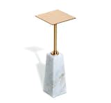 Bold right angles bring drama to a white marble base and an antique brass metal top in the form of the BECK SQUARE DRINK TABLE