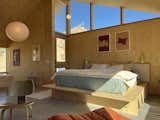 MAIN BEDROOM - 750 square foot vaulted plywood suite, with polished concrete terrazzo floors, clerestory views of the nearby boulder spires, and floor to ceiling windows looking out to the Mojave desert and the twinkling city lights far below.