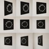 ”MOCAP “ wall clock
description: Most wall-clocks have the same basic shape: round. Also the same looking time-indication by numbers or stripes.
"MOCAP" steps away from the basic..
It's appearance leans more to a piece of conceptual art ,then to a basic time-telling clock.
The big wall clock will catch your eye by changing shape when you walk around it. When you stand in front of the clock: the numbers are clear and visible. When you walk around it: numbers slowly dissolve, and seem to fall apart in little floating white balls.
This optical illusion results in a striking and intriguing piece of wall-art. Inspired by "MOTION CAPTURE" technique used in movies such as" Lord of the rings"+"Avatar"

Design: J.P.Meulendijks for www.Planktonstation.nl
material: wood (recycled)
dimensions: Height: 79 cm. / 31 inch width: 79 cm./ 31 inch depth: 10 cm./ 4 inch .
color: Clock-face finished in matted black, causing the bright white balls to seemingly float in mid-air.
-Clock-hands finished in anthracite so they are subtle visible. against the matted black background .