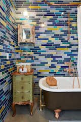 Heath seconds tile, reclaimed vanity, Waterstone sink faucet, tub found at Rose Bowl flea market, reclaimed sink, Newport Brass copper tub filler, plated clawfeet. 