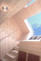 Staircase, Wood Railing, and Wood Tread Within, the split-level, 485-square-foot space accommodates up to eight people.   Photo 4 of 12 in Stay in a Tiny Shingled Cabin in Austria That Resembles a Bird-Like UFO