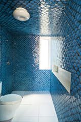 In this rehabilitated 19th-century Brooklyn duplex, architect and owner Gil DeSimio painstakingly covered the walls of his upper-level bathroom with these beautiful glossy blue fish scale tiles.