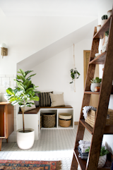 Bertolini made the leaning shelf herself. “I needed a little extra storage for towels, and knick knacks, and this shelf is the perfect functional yet stylish solution.”