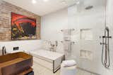 Bath, Open, Ceiling, Freestanding, Wood, Vessel, and Mosaic Tile Copper, timber and marble accents add a luxurious touch to the bathrooms.  Bath Freestanding Mosaic Tile Vessel Photos from The Glowing Converted Warehouse of Painter Fred Cress Is Open For Bids