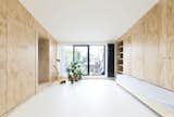 Milan firm Studio Wok used batipin plywood to create a box-like wall paneling system that hides the kitchen, bathroom, and sleeping area of this 301-square-foot studio in a 1950s building just outside the city’s center.