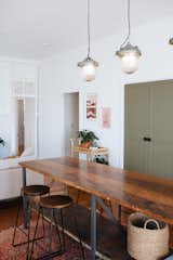 Kitchen, Wood Counter, Colorful Cabinet, Pendant Lighting, and Medium Hardwood Floor The industrial light fixtures were antiques that McCarthy had found years ago from a market in Europe.

  Photos from Before & After: A Rundown Brisbane Cottage Turns Into a Ravishing, Modern Home