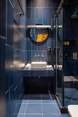 A blue bathroom.