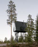 The cabins have exterior cladding of black oxidized zinc and steel, helping them blend into the surrounding forest.