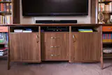 Danish Mid-Century Inspired custom Walnut entertainment center, Handcrafted in our Southern California woodshop.