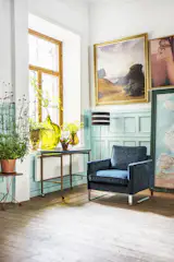 IKEA Mellby armchair with a Bemz cover in Sea blue velvet.