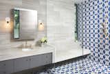 Master bathroom vanity and  'wet room'. Materials are encaustic concrete tile, limestone tile.