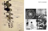Left: Sketch by Ruth Asawa, Right: Clockwise: Tied, Photo of Ruth and her children by Imogen Cunningham, Ruth in her home, phot by Imogen Cunnningham, Untiled, 1950's