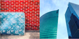 Left: North of the city and abandoned sky blue mattress against a red brick wall, Right: Skyscrapers face off