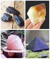 Clockwise: Black Tourmaline, Source: The Hippie Ship/Etsy; Citrine, Source: Gypsy Sue Designs/Etsy; Rose Quartz, Source: Midnight In Seattle/Etsy; Shungite, Source The Boho Cat Shop/Etsy
