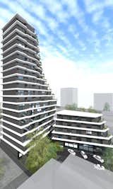 Sense of smooth gradation and movement comes from both, the spatial positioning of the buildings and the design of each. For them to be perceived as a consolidated structure, the taller building cedes the foreground to the five storied hotel/office building, with oblique road beside it that leads to the underground garage. \
 As the apartment building gains height, it twists at different angles in the same direction. This arrangement required individual designing of every apartment and ones, that face the sea, have terraces.
