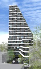 Sense of smooth gradation and movement comes from both, the spatial positioning of the buildings and the design of each. For them to be perceived as a consolidated structure, the taller building cedes the foreground to the five storied hotel/office building, with oblique road beside it that leads to the underground garage. \
 As the apartment building gains height, it twists at different angles in the same direction. This arrangement required individual designing of every apartment and ones, that face the sea, have terraces.
