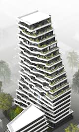Sense of smooth gradation and movement comes from both, the spatial positioning of the buildings and the design of each. For them to be perceived as a consolidated structure, the taller building cedes the foreground to the five storied hotel/office building, with oblique road beside it that leads to the underground garage. \
 As the apartment building gains height, it twists at different angles in the same direction. This arrangement required individual designing of every apartment and ones, that face the sea, have terraces.
