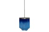 XPALEVSKY
“ARC FRINGE” CHANDELIER AND PENDANT
USA, CONTEMPORARY
WALNUT, SILK FRINGE, BRUSHED BRASS
PENDANT : 10”D X 8”H X 57”H
$2,400
Blue hombre fringe pendant with satin nickel rod and black lacquered canopy.