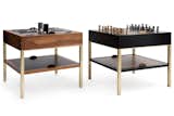 XPALEVSKY
“TRIUMPH I” AND “TRIUMPH II” GAME TABLES
WALNUT AND BRASS
INCLUDES TRAVERTINE AND ONYX GAME SET
24”W X 24”D X 22.5”H
$2,900
Versatile end tables that double as game tables. Triumph I for chess or checkers. Triumph II for  backgammon table. The game boards are interchangeable with the solid tops that makes up the lower shelf. Ample storage for game pieces underneath. Game faces can be customized. Custom options available.