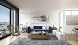 Black mullioned windows define the space. 