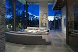 Summit House Beverly Hills luxury modern mansion living room with double height glass walls & artwork display