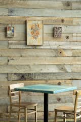 Detail shot of snow fence clad interior walls. Always great artwork on display by local Denver artists. Most of it is available for purchase. 