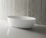 halo petite transitional bathtub stands at 59" foot long with a compact 27½" width, designed to deliver that much sought-after freestanding tub experience in smaller spaces such as condo bathrooms. The end drain provides further design flexibility for versatile right or left drain installation.

The thoughtful design of this soaking tub ensures a small footprint while providing a capacity of 65 gallons due in part to its integral slot overflow.

With a 19¾” step-over threshold, halo petite is a great option for daily bathing and showering functionality.

Larger 67" halo model also available.