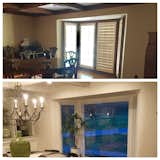 The dining room had great coffered ceilings but it was dark with all the wood. We painted it all white, traded the old paned windows for new, open windows and brightened the room with recessed lighting in addition to the chandelier. 
