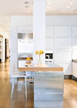 Kitchen, Dark Hardwood Floors, Range, Range Hood, Wall Oven, White Cabinets, Recessed Lighting, Undermount Sinks, Refrigerator, Ceiling Lighting, Metal Backsplashes, Concrete Counters