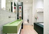 Bathroom, Enclosed Showers, Mosaic Tile Walls, Undermount Tubs, Light Hardwood Floors, Concrete Counters, Ceiling Lighting, Recessed Lighting, One Piece Toilets 