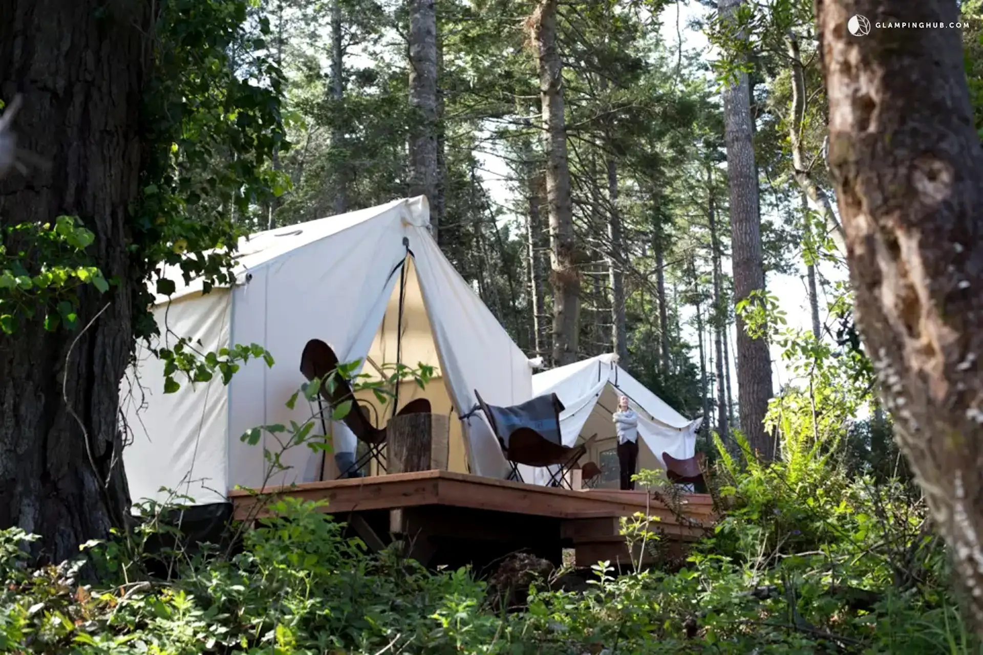 These roomy safari tents are 12-feet by 14-feet and are housed on wooden platforms. They come fully outfitted with a queen-size bed, down comforter, and cotton linens, so when there's a chill in the air, glampers know they will be warm and cozy at night. The tent has its own private deck complete with sling back chairs and a fire ring.