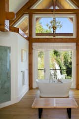 Bathroom with a view, custom carved timber framed pendants. 