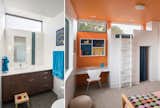 Kid's bedroom with loft sleeping area and reading nook. A whimsical orange color wraps down the ceiling and back wall. 