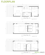Different floor plans feature alternate ways to lay out the bedroom, bathroom, kitchenette, and living room depending on what the owner wants to emphasize—living space, cooking space, or the sleeping area.