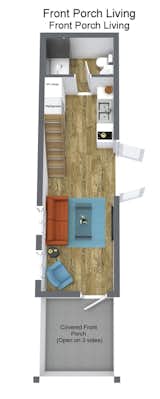 The home's front porch leads to the interior through a glass door that opens into the living area. The center of the home has two glass doors that open out to the exterior and a wooden stair leading to the lofted bedroom, while the back of the home houses the kitchen with a double sink and the bathroom.