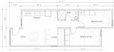 The Model 6 features an offset layout. The main entrance is recessed, and a small hallway leads to the bathroom and two bedrooms. The kitchen is open to the living and dining space.