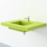 This wall-mount sink from Whyte &amp; Company provides adequate space on the sides for washing up or getting ready. Its Granny Smith apple color makes a bright statement.