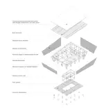 An exploded axonometric of the basic components of the home explains how it is put together, from concrete foundations that raise it up off the ground all the way to the roof structure and its thermo-insulated panels with skylight perforations and solar panels.