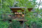 Each cabin at Pilot Cove is designed to integrate with the surrounding forest landscape, giving the experience of a treehouse. The shed roof design and ample rear windows allow for light-filled interior spaces while also preserving guest privacy.