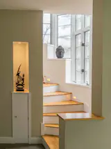 A view into the preserved, original entrance hall with its stair tower.