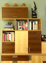 Custom ApplePly cabinetry with exposed laminate edges using maple and walnut veneer.